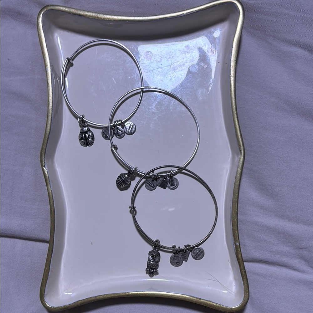 Alex and Ani 3 Piece Silver Charm Bracelet Set..OWL, CUPCAKE & LADY BUG…No Box